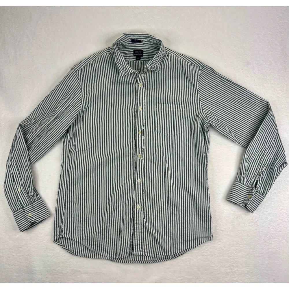 J Crew Seersucker‎ Slim Fit Button Down Shirt Mens Size L Green Stripe Casual